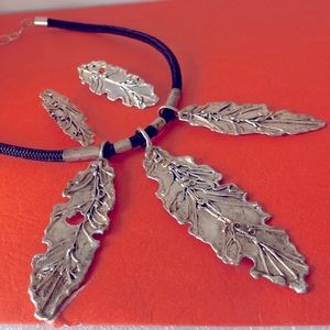 Handmade vintage sterling silver CC Chris Charley? leaves necklace clip earrings